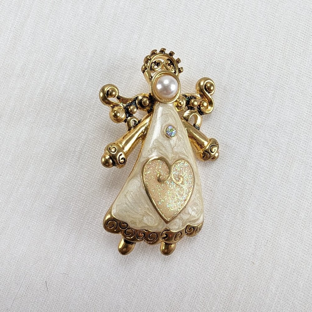 Angel Brooch Lapel Pin 2"Gold Tone Heart Faux Pearl Jewelry Accent